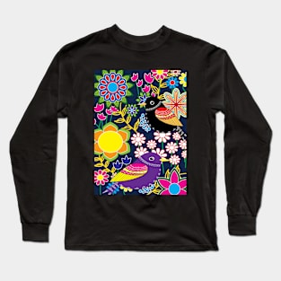 Birds and Flower Pattern Long Sleeve T-Shirt